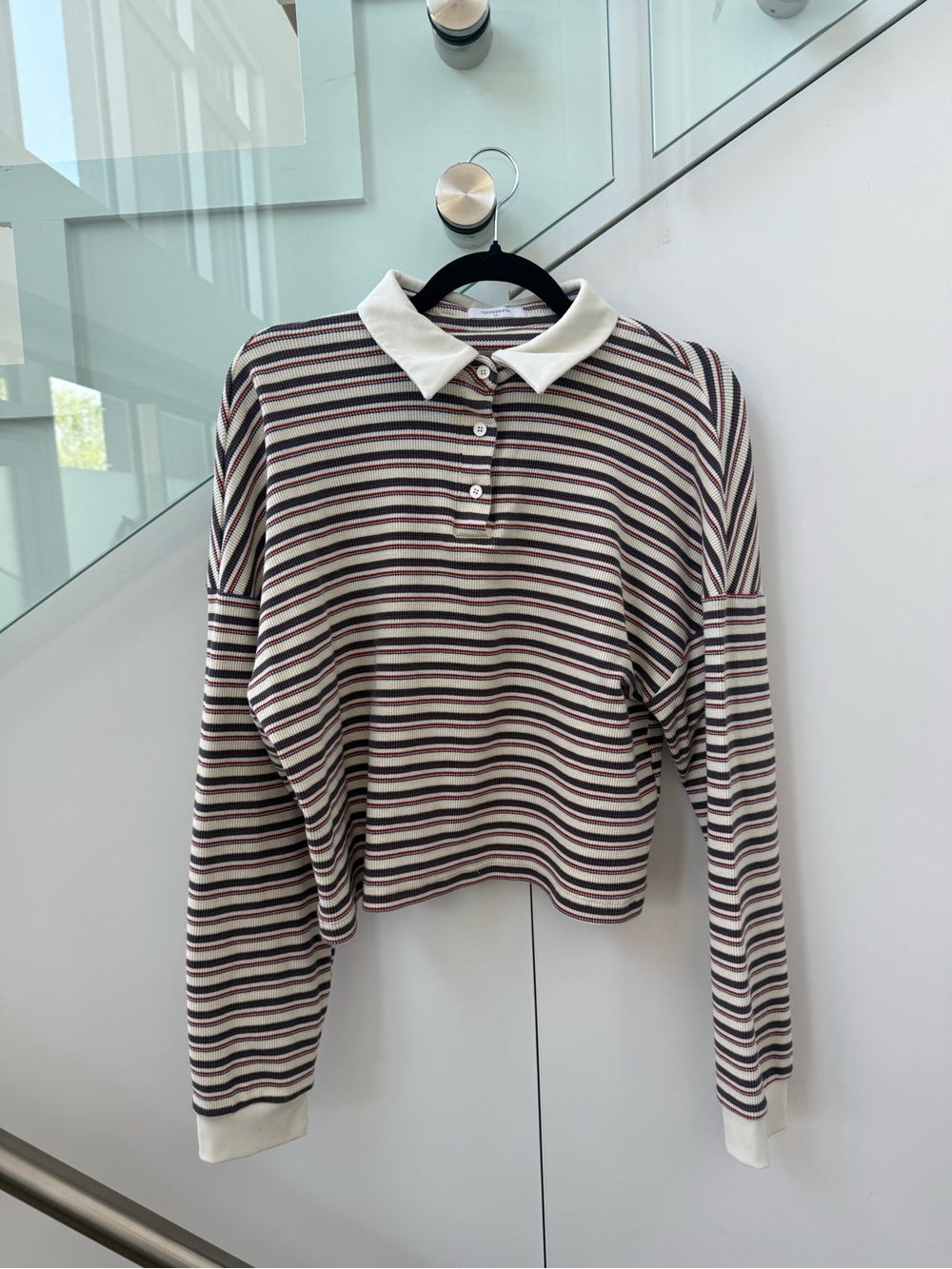 Peppermayo Striped Polo Cropped Long Sleeve Top - Cream, Navy, Burgundy